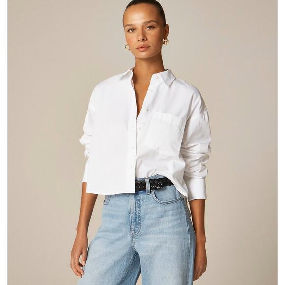 J.Crew Étienne Cropped Button-up Shirt WMNS XS White Cotton Poplin Long Sleeve - Picture 1 of 7